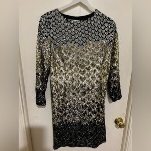 Badgley Mischka Black Gold and Silver Sequin Long Sleeve Dress